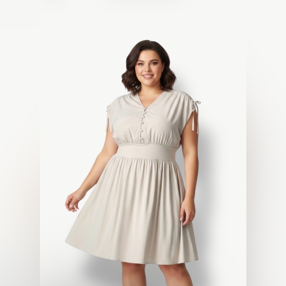 Women's V-Neck Short Sleeve Fit & Flare Mini Dress - Cream